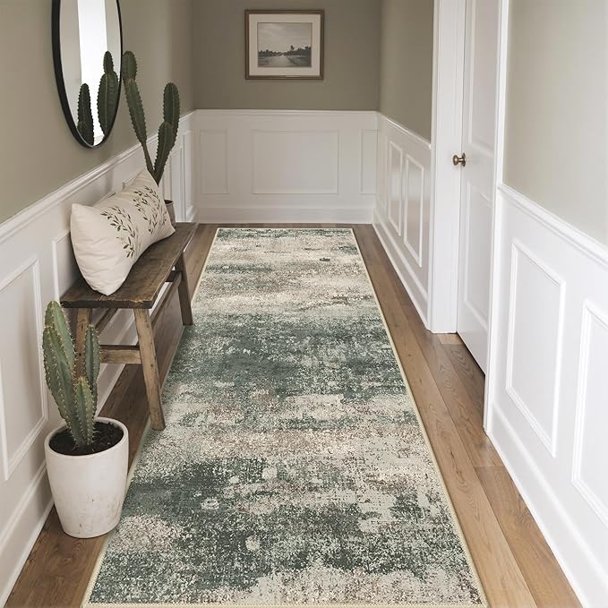BEIMO Runner Rug for Hallway Kitchen, 2'x6' Machine Washable Runners Rug for Entryway, Soft Modern Abstract Throw Rugs, Low Pile Floor Cover with Non Slip Backing, Grey/Dark Green