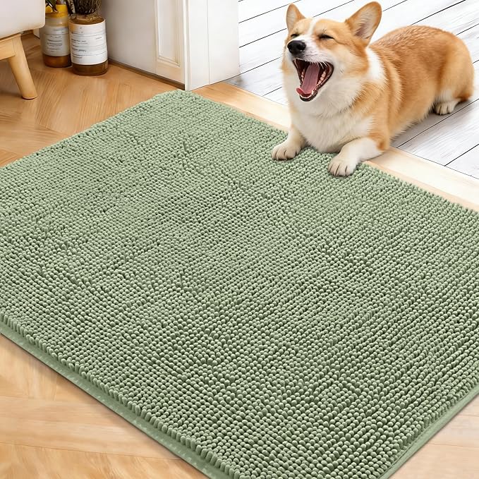 OLANLY Dog Door Mat for Muddy Paws 40x32, Absorbs Moisture and Dirt, Absorbent Non-Slip Washable Doormat, Quick Dry Chenille Mud Mat for Dogs, Entry Indoor Entryway Carpet for Inside Floor, Sage Green