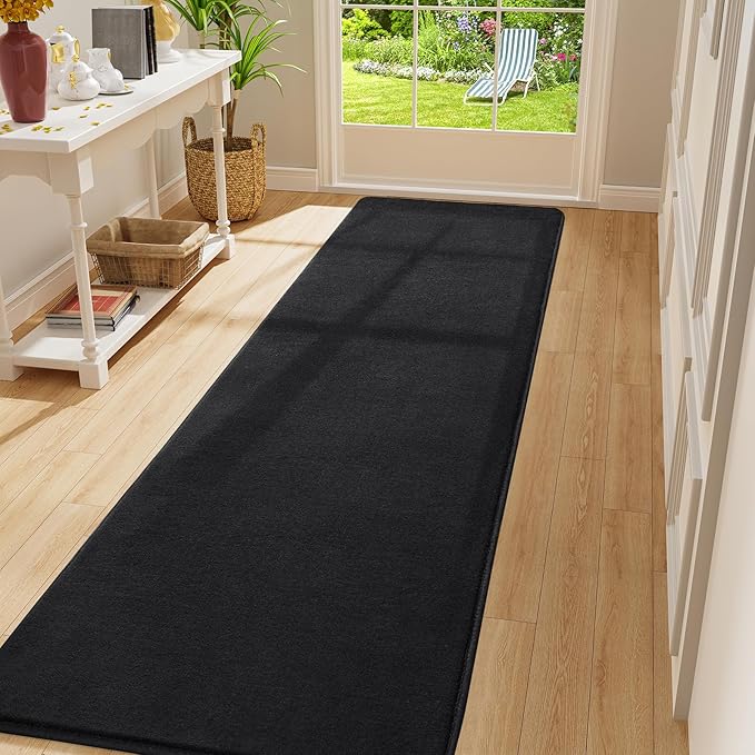 Amearea Modern Soft Hallway Runner Rug, 2x10 Feet Washable Long Runner Rugs for Hallway, Black Fluffy Bedroom Rugs, Indoor Non Slip Memory Foam Rug Carpet for Entrance Kitchen Living Room Home Decor