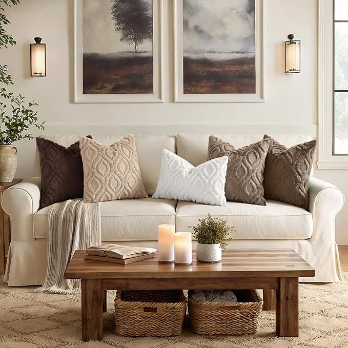 decorUhome Throw Pillow Covers 26x26 Inch Set of 2, Soft Plush Faux Wool Light Khaki Solid Couch Pillow Covers, Accent Euro Sham Farmhouse Neutral Square Pillow Cases for Sofa Bed Living Room