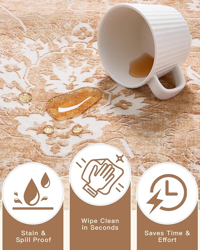 Madane 8x10 Area Rugs for Living Room, Machine Washable Vintage Rug with Non-Slip Backing, Soft Floral Print Large Throw Rugs, Thin Carpet for Bedroom Dining Room Farmhouse (8 x 10, Jasper Orange)