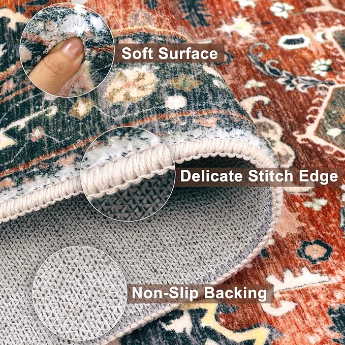 Yamaziot Area Rug 5x7, Non-Slip Washable Boho Vintage Living Room Bedroom Rug with Rubber Backing, Low Pile Faux Wool Soft Distressed Rug Floor Carpet for Living Room, Bedroom, Brick Red