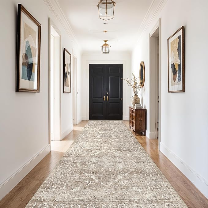 4x10 Washable Hallway Runner Rug - Wide Kitchen Runners Vintage Low Pile Carpet Soft Thin Floor Runner with Rubber Backing for Entryway Bedroom Living Room Home Decor (Beige)