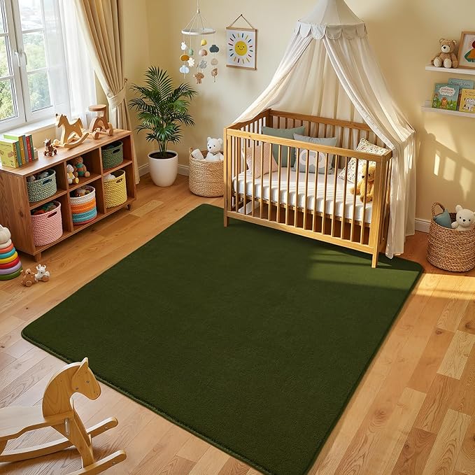 Amearea 4x4 Square Area Rugs for Bedroom Living Room, Olive Green Thickened Memory Foam Rug, Fluffy Indoor Washable Rug Non Slip Minimalist Carpet for Entryway Kids Boys Girls Dorm Nursery Room Decor