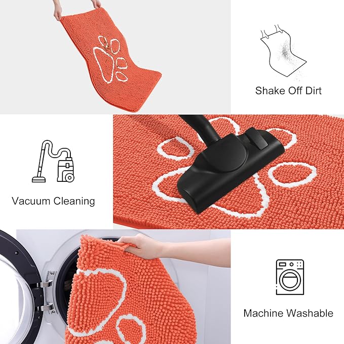 Smiry Dog Door Mat for Muddy Paws, Absorbent Dirt Trapper Non Slip Quick Dry Washable Chenille Mat for Mud Dogs, Entry Rug for Indoor and Outdoor (30x20 Inches, Coral and White)