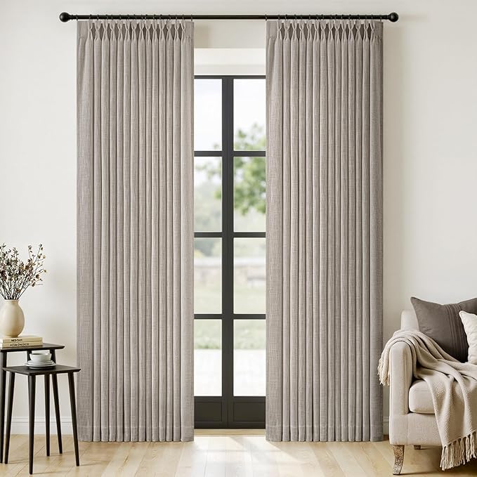 MIULEE Pinch Pleated Thick Linen Curtains 90 Inches Long 2 Panels for Living Room Bedroom, Linen Textured Memory Trained Pleat Drapes Back Tab Light Filtering Taupe Window Curtains with Hooks