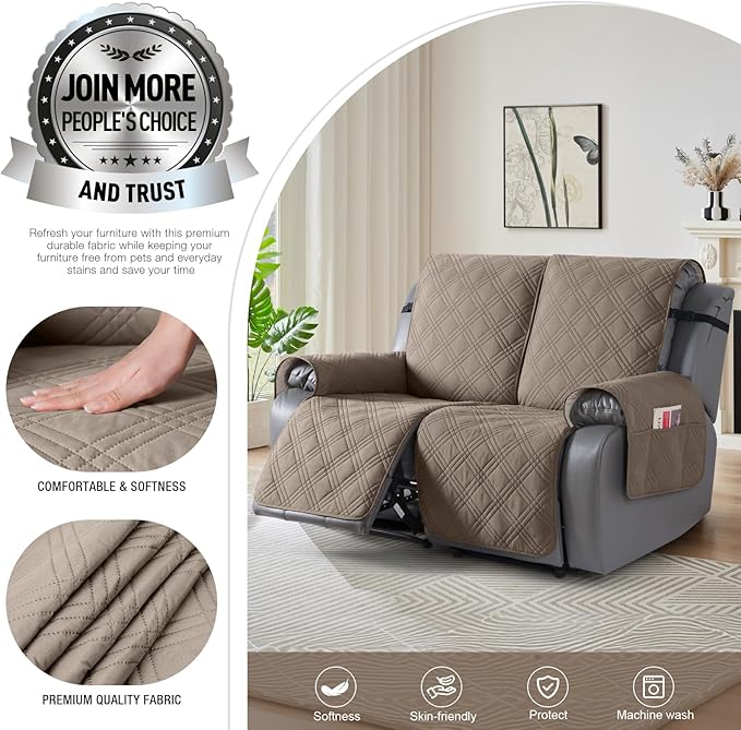 TAOCOCO 100% Waterproof Loveseat Recliner Covers 2 Seater, Split Loveseat Covers for Reclining loveseat, Non Slip Reclining Couch Cover with Double Straps for Kids, Pets(2 Seater, Gray Taupe)