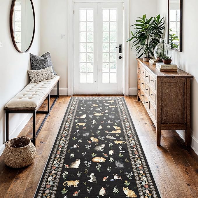3x7 Washable Kitchen Runner Rug - Soft Low Pile Floral Animal Cat Print Rugs with Non-Slip Backing Waterproof Stain-Resistant Indoor Carpet for Hallway Entryway Bathroom Bedroom (Black)