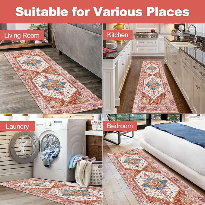 Yamaziot Washable Runner Rug, 2x6 Non-Slip Boho Vintage Hallway Rug Runner with Rubber Backing, Stain Resistant Distressed Carpet Runner for Bedroom, Kitchen, Laundry, Entrance