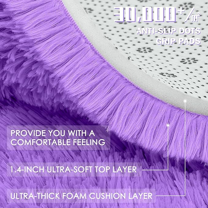 OLANLY Purple Round Rugs for Bedroom - Machine Washable, 2 ft Circle Area Rugs for Living Room, Soft and Fluffy Shaggy Carpet for Teen Girls and Boys, Nursery Rooms, Dorms, Home Decor Aesthetic