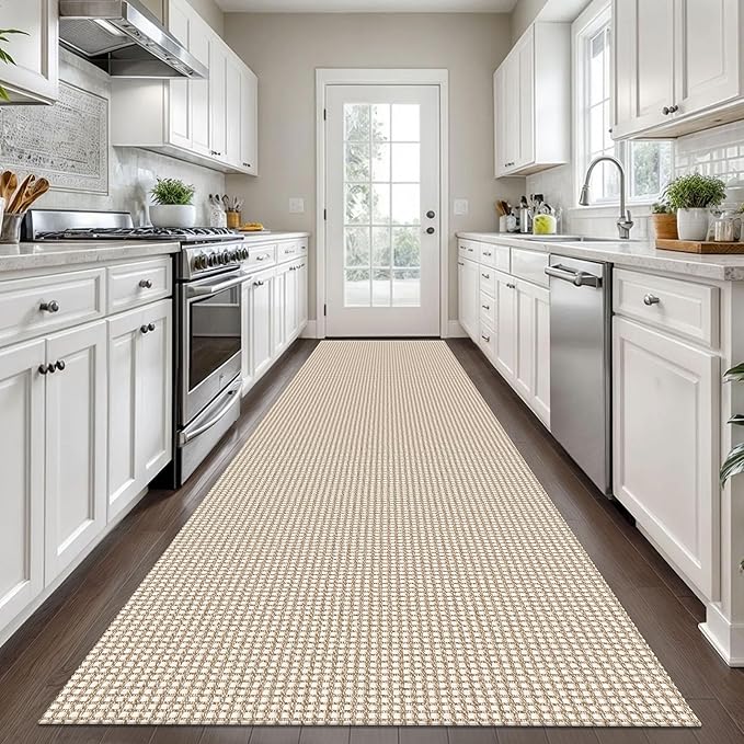 KOZYFLY Long Runners for Hallways 3x12 ft Washable Kitchen Runner Non Slip Rubber Backed Hallway Rugs Cotton Entryway Runner Rug Floor Carpet for Indoor Hall, Backdoor, Kitchen, Ivory/Khaki