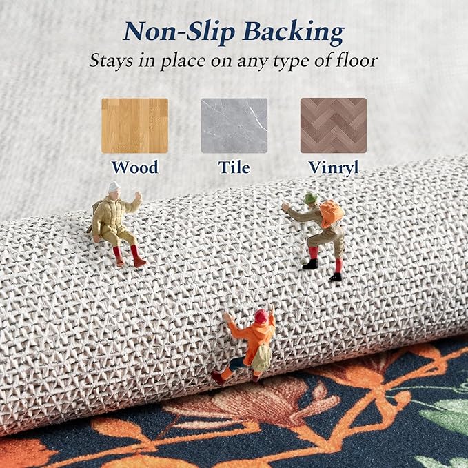 Rugflix 2x6 Runner Rug for Hallway, Washable Kitchen Runner Non Slip, Soft Low Pile Entryway Carpet, Vintage Floral Stain Resistant Long Laundry Room Rugs for Bedroom, Stairs
