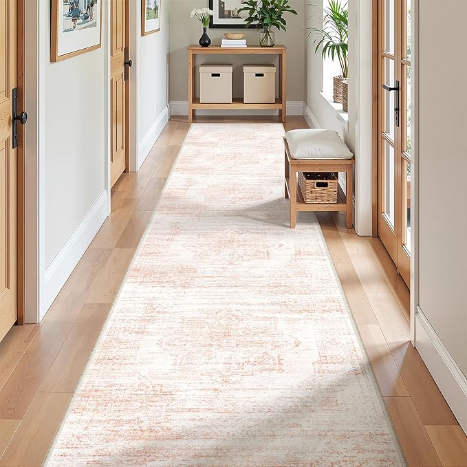 2x10 Runner Rug, Long Hallway Rugs for Dining Room, Living Room, Bedroom, Machine Washable Kitchen Carpet Runner with Rubber Backing, Soft Low Pile Indoor Rug(2'x10', Pink/White)
