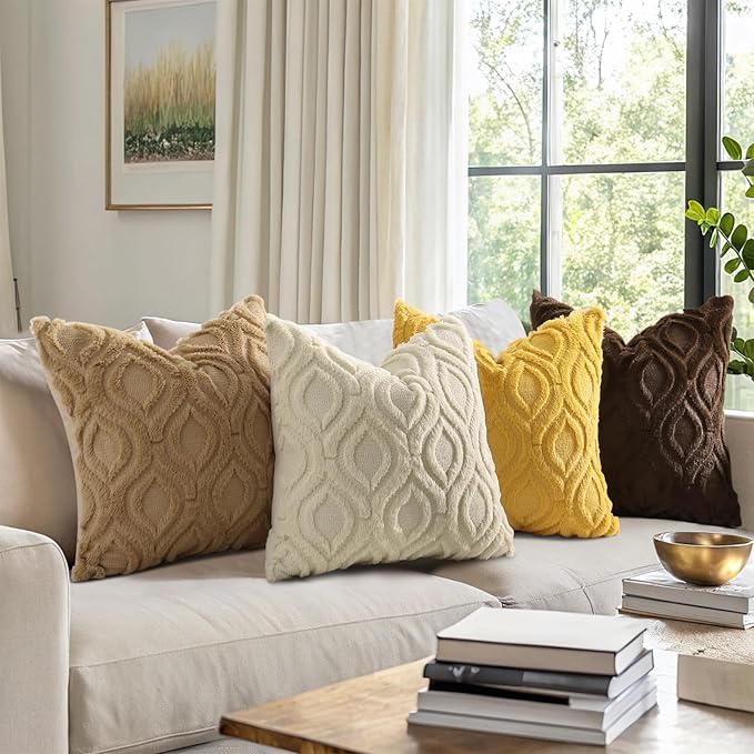 decorUhome Throw Pillow Covers 22x22 Inch Set of 2, Soft Plush Faux Wool Beige Solid Couch Pillow Covers, Accent Euro Sham Farmhouse Neutral Square Pillow Cases for Sofa Bed Living Room
