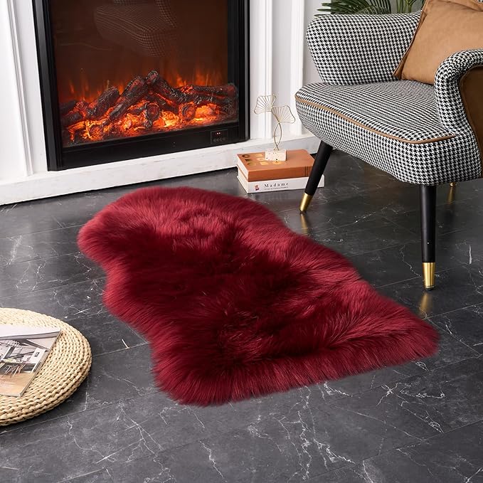 EasyJoy Ultra Soft Fluffy Shaggy Area Rug Faux Fur Rug Chair Cover Seat Pad Fuzzy Area Rug for Bedroom Floor Sofa Living Room (2 x 4 ft Sheepskin, Burgundy)