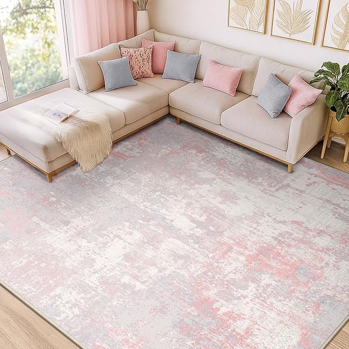 Washable Area Rugs 10'x14' Non-Slip Modern Abstract Soft for Living Room Entryway Bedroom Nursery, Print Pattern, Grey Pink