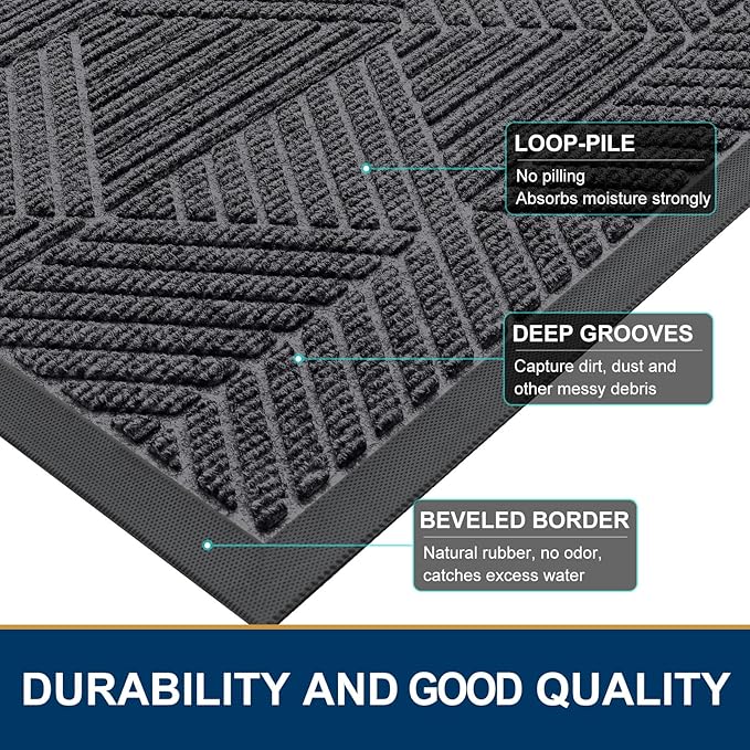Smiry Front Door Mat Outside Entrance, Heavy Duty Sturdy Natural Rubber Doormat, Trap Dirt and Moisture, Easy Clean Low Profile Welcome Floor Mats for Indoor Outdoor Entry, 35X23 Inch, Light Grey