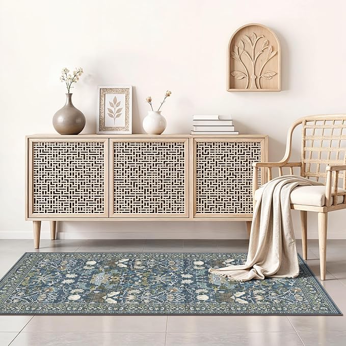 Washable 2x4 Entryway Area Rugs: Anti-Slip Thin Kitchen Carpet Indoor Light-Weight Doormat Ultra Soft Low Pile Nursery Room Rug Vintage Small Floor Mat for Hardwood Bedroom (2x4,Floral/Blue)