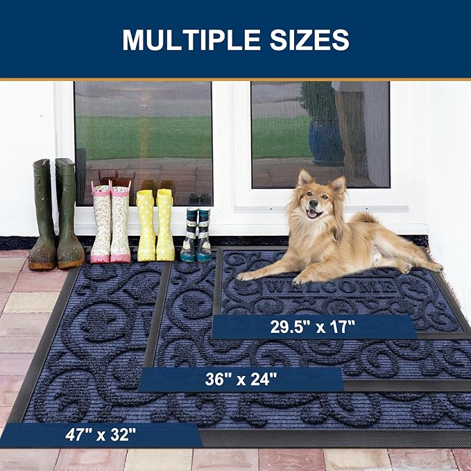 Smiry Welcome Door Mat Outside Entrance, Heavy Duty Trap Dirt and Moisture Easy Clean Low Profile Patio Porch Indoor Outdoor Front Doormat for Entry, 35x23 Inch, Navy Blue