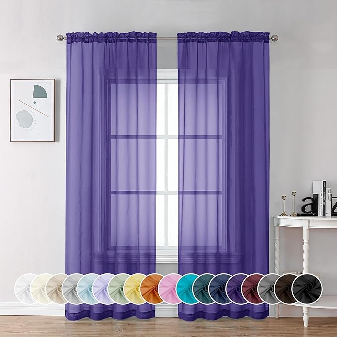 Chyhomenyc Purple Sheer Curtains 72 Inch Length 2 Panels, Light Filtering Soft Airy Rod Pocket Voile Window Curtain Drapes for French Door Bedroom Living Room, Each 42Wx72L Inches