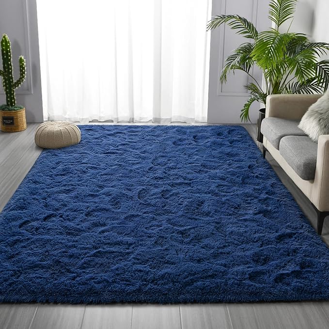 Deerhoo Large Shag Area Rugs 6 x 9, Plush Fuzzy Rugs for Living Room, Ultra Soft Fluffy Furry Rug for Bedroom, Indoor Carpet Nursery Rugs for Kids Room Home Decor, Navy Blue