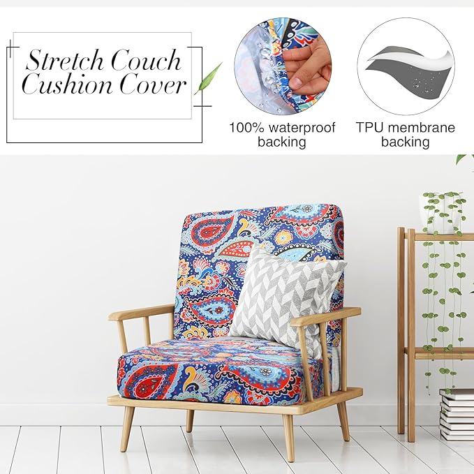 Newwiee 8Pcs Patio Cushion Covers Stretch Outdoor Cushion Cover Replacement for Patio Furniture Sofa Couch Slipcovers, Soft Flexibility Washable Furniture Protector(Waterproof Paisley,Vivid Color)