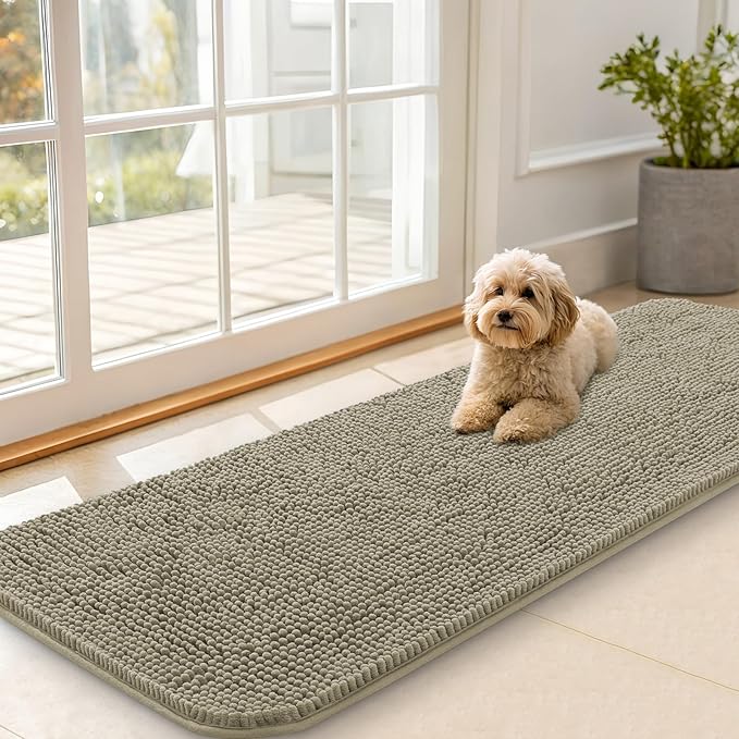 OLANLY Dog Door Mat for Muddy Paws 59x20, Absorbs Moisture and Dirt, Absorbent Non-Slip Washable Doormat, Quick Dry Chenille Mud Mat, Entry Indoor Entryway Carpet for Inside Floor, Warm Taupe