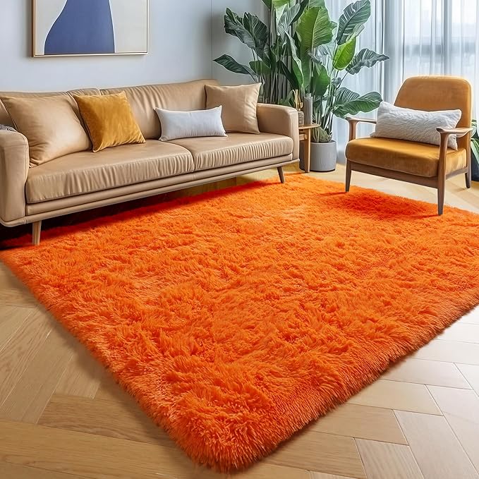ONASAR Orange Area Rugs for Bedroom Living Room, Fluffy 4x6 Indoor Bedside Floor Throw Rug, Soft Plush Shaggy Carpet for Nursery Kids Girls Boys Teen Dorm Home Office Decor Aesthetic