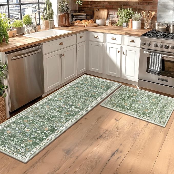 Yamaziot Washable Runner Rug 2x8 – Non Slip Boho Floral Hallway Runner Rug with Rubber Backing, Low Pile Wool Distressed Carpet for Kitchen, Laundry, Bedroom, Entrance, Mottled Green