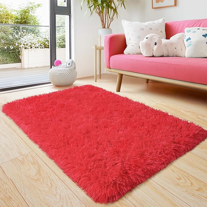 Pionblank Fluffy Small Rug for Bedroom 2x3 Feet, Shag Soft Area Rug for Bedside, Modern Plush Cute Carpet for Kids Girls Boys Room Nursery Decor, Red