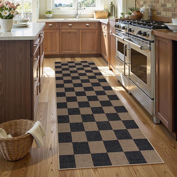Lahome Colette Checkered Easy Jute 2x8 Runner Rug, Washable Kitchen Runner Rug Non Slip for Entryway Indoor, Checkerboard Black Indoor Outdoor Carpet for Hallway 8ft Entry Laundry Porch