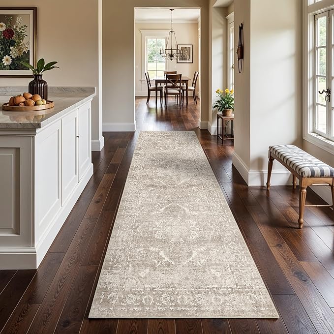 Washable 3x12 Runner Rug - Non-Slip Vintage Runner Rug for Entryway Low-Pile Medallion Long Rugs for Hallway Waterproof Traditional Runner Rugs Indoor Thin Rug for Kitchen (Beige)