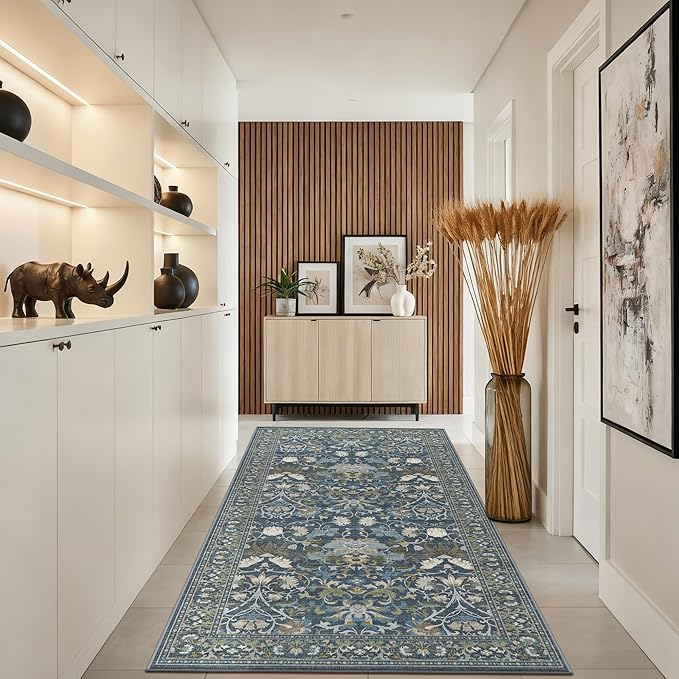 4x8 Washable Kitchen Area Rug: Farmhouse Stain-Resistant Elegant Floral Rug for Living Room Bedroom Wide Soft Carpet for Entryway Bathroom Thin Hallway Floor Mat with Non Slip Backing(4x8,Floral/Blue)