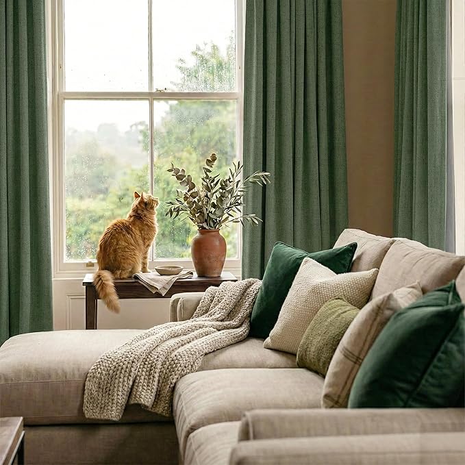 RYB HOME Olive Green 100% Blackout Linen Curtains 102 inches Long, Luxury Thermal Insulated Room Darkening Drapes for Living Room/Bedroom/Sliding Doors, Back Tab&Rod Pocket, W52xL102, 2 Panels
