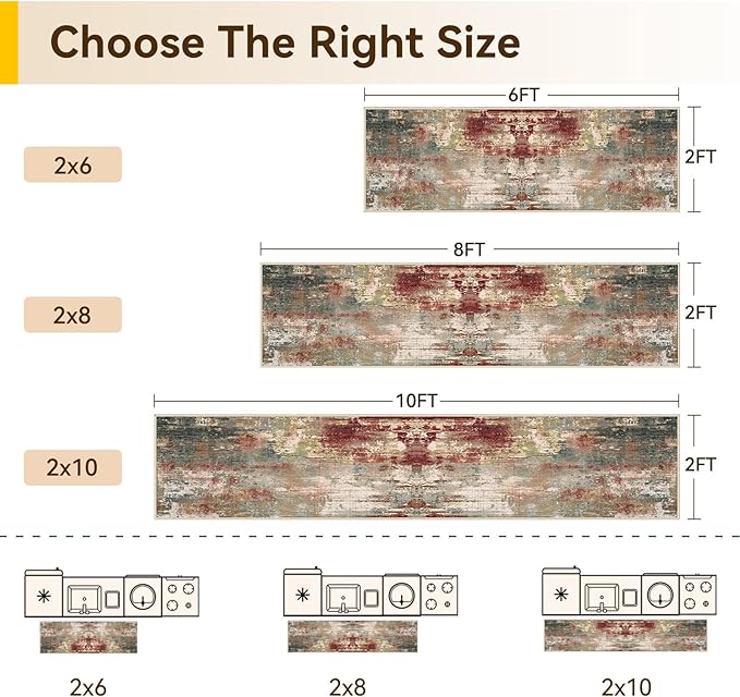 Washable Area Rugs 2'x6' Non-Slip Modern Abstract Soft for Living Room Entryway Bedroom Nursery, Print Pattern, Brown Rust Red Green Blue Multi