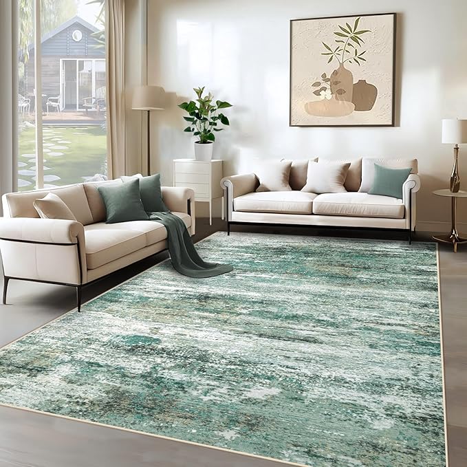 XLUEZ 6x9 Area Rugs for Living Room, Washable Modern Abstract Large Area Rug Neutral Soft Non Slip Kids Rug Stain Resistant Indoor Carpet for Bedroom Nursery Dining Room Playroom(Green, 6'x9')