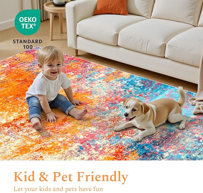 Rugflix 6x9 Area Rugs for Living Room, Washable Large Multicolor Rug Stain-Resistant Low Pile, Modern Carpet for Dining Room Home Office Kid Room Nursery Bedroom, Colorful Rainbow