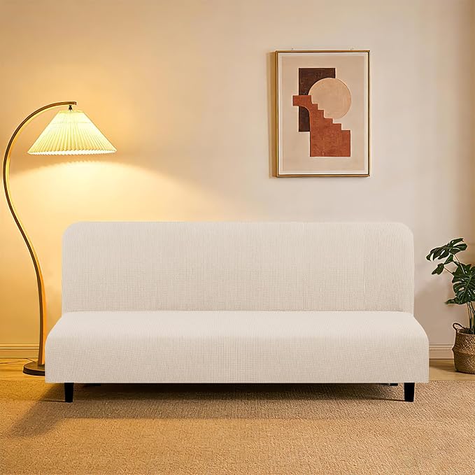 U-NICE HOME Stretch Futon Cover Armless Bed Slipcover - Soft Jacquard Fabric Washable for Pet Friendly, Beige