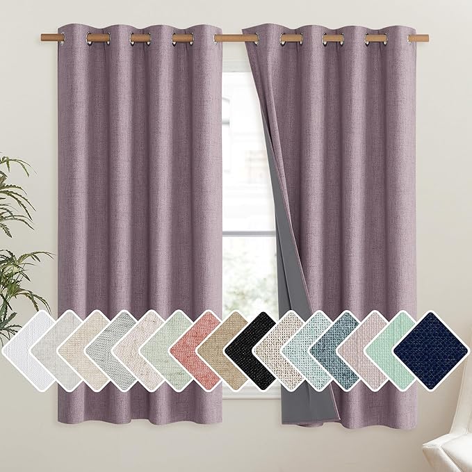NICETOWN Chaise Mauve Vintage Linen 100% Blackout Curtains for Living Room, Thermal Insulated Curtains 63" Long, Noise Reducing Window Treatment Drapes for Hall Room, 52" Wide Per Panel, Set of 2
