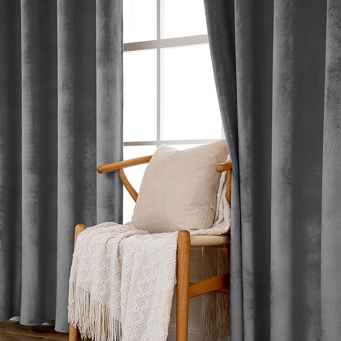 MIULEE 2 Panels Velvet Curtains Solid Soft Grommet Grey Curtains Blackout Thermal Insulated Soundproof Room Darkening Curtains/Drapes/Panels for Living Room Bedroom 52 x 90 Inch