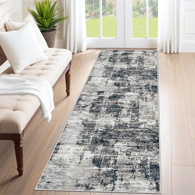 2x7 Runner Rug for Hallway, Washable Modern Abstract Runner Rugs Neutral Soft Non Slip Kids Rug Stain Resistant Indoor Runners for Entryway Bedroom Kitchen Laundry Room(BlackGrey, 2'x7')