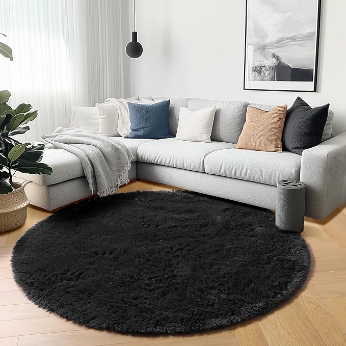 ONASAR Black Round Area Rugs 5ft, Soft Bedroom Circle Rug Floor Mats for Kids Girls Boys Teen Room, Fluffy Plush Shaggy Carpet for Baby Nursery Living Room Playroom Dorm Home Decor