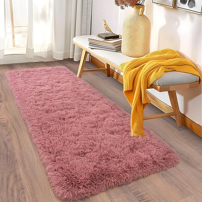 Soft Runner Rugs for Bedroom Hallways, 2x5 Blush Pink Fluffy Shag Throw Area Rug Non Slip for Bedside Dorm, Long Shaggy Furry Carpet for Nursery Living Room