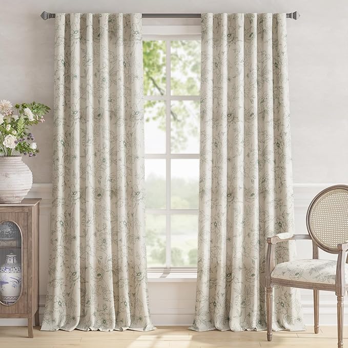 jinchan Floral Linen Curtains for Living Room 96 Inch Length Green Flower Curtain Rod Pocket Back Tab Farmhouse Curtains with Printed Floral Bedroom Window Curtain Set, 2 Panels Green