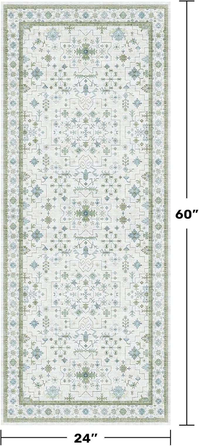 Hazo Haus Washable Oushak Bathroom Runner Rug 2x5 - Eclectic Boho Floral Pastel, Non Slip Low Pile Stain Resistant Small Throw Rug for Bedroom, Laundry Room, Powder Room, Cream Green