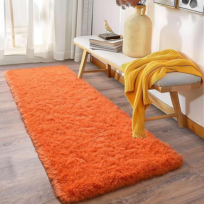 Soft Runner Rugs for Bedroom Hallways, 2x5 Orange Fluffy Shag Throw Area Rug Non Slip for Bedside Dorm, Long Shaggy Furry Carpet for Nursery Living Room