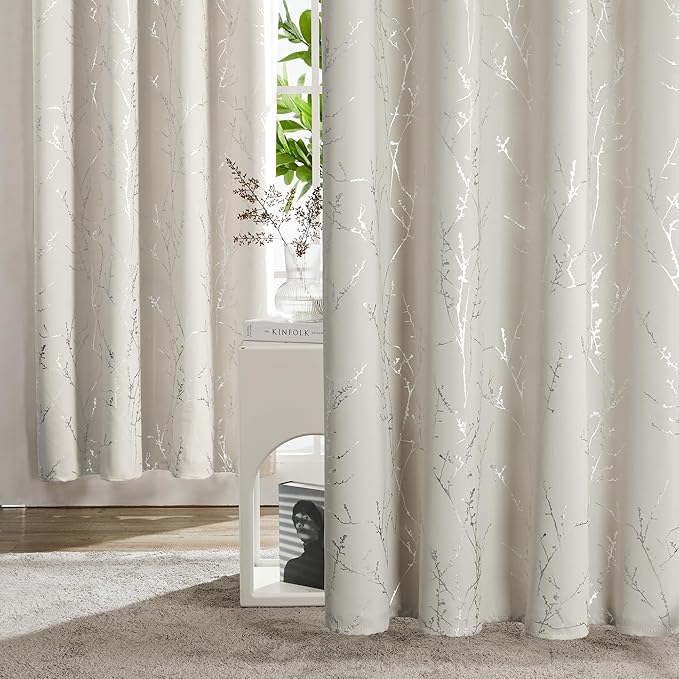 Deconovo Beige Bedroom Curtains, Room Darkening Curtain, Thermal Insulated Soundproof Drapes, Silver Branch Print, 42 x 72 Inch Long, Machine Washable Window Panels for Living Room Nursery, Set of 2