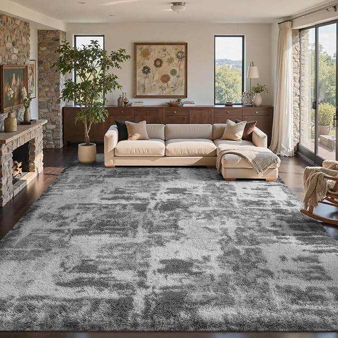 9x12 Ft Extra Large Shag Rugs for Living Room, Ultra Soft Fluffy Furry Area Rugs for Bedroom Indoor Floor, Aesthetic Carpet for Kids Home Decor (Grey)
