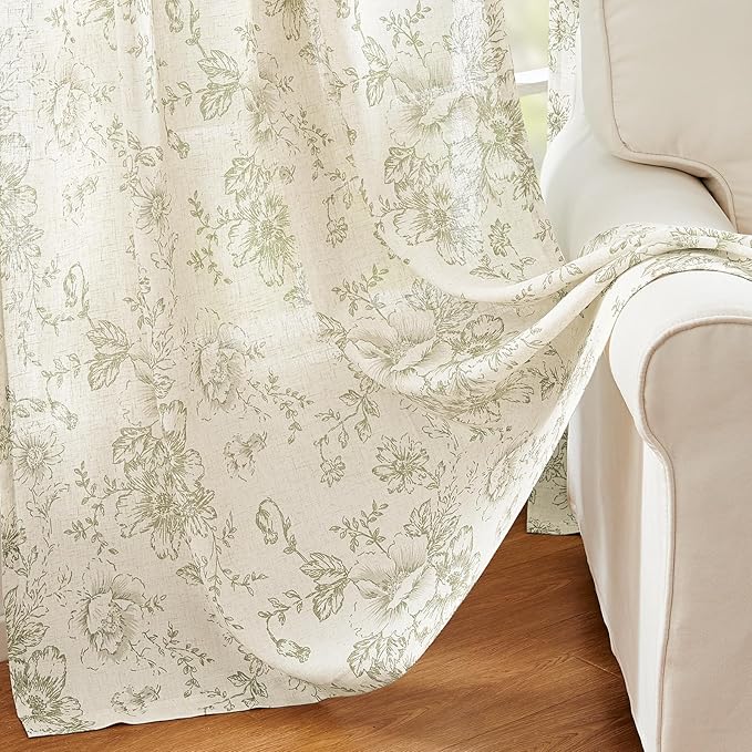 jinchan Linen Blend Floral Curtains for Living Room 96 Inch Length Farmhouse Printed Curtain Rod Pocket Back Tab Sage Green Peony Flower Patterned Drapes Bedroom Curtains Set 2 Panels