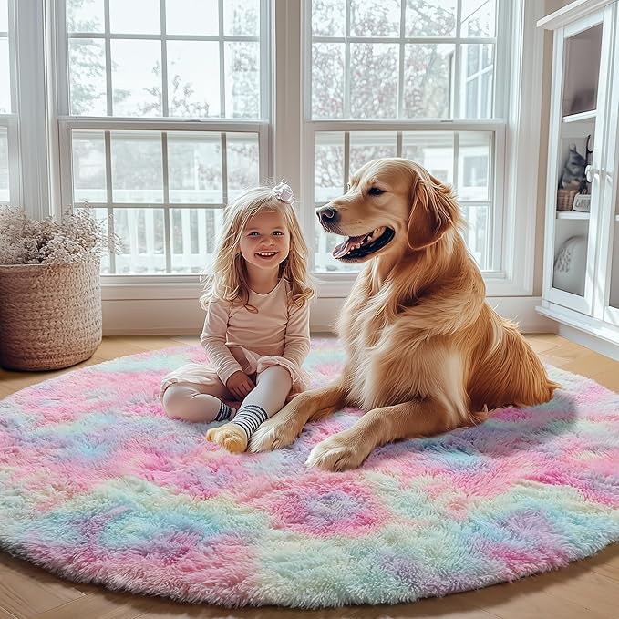ONASAR Rainbow Round Rugs 6ft for Living Room Bedroom, Fluffy Circle Area Rug for Kids Girls Boys Teen, Soft Plush Shaggy Carpet for Nursery Dorm Classroom Playroom Home Decor Aesthetic